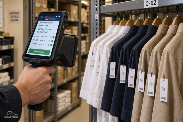 แนวคิดอ่านแท็ก RFID ที่เสื้อผ้าในคลังและตรวจรายการที่พบ